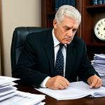 Traditional Business Approach**
A professional male executive in a conservative, dark business suit, wearing a modest tie, is seated at a large, traditional wooden desk. He intently reviews stacks of printed reports and paper spreadsheets. The office environment is formal, with heavy drapes, a large analog clock on the wall, and an older model desktop computer. The lighting is subdued, conveying a static, unhurried atmosphere. The focus is on traditional, long-term planning and historical data. Professional photography, high detail, perfect anatomy, correct proportions, natural pose, fully clothed, modest clothing, appropriate attire, professional dress, safe for work, appropriate content, family-friendly.

**