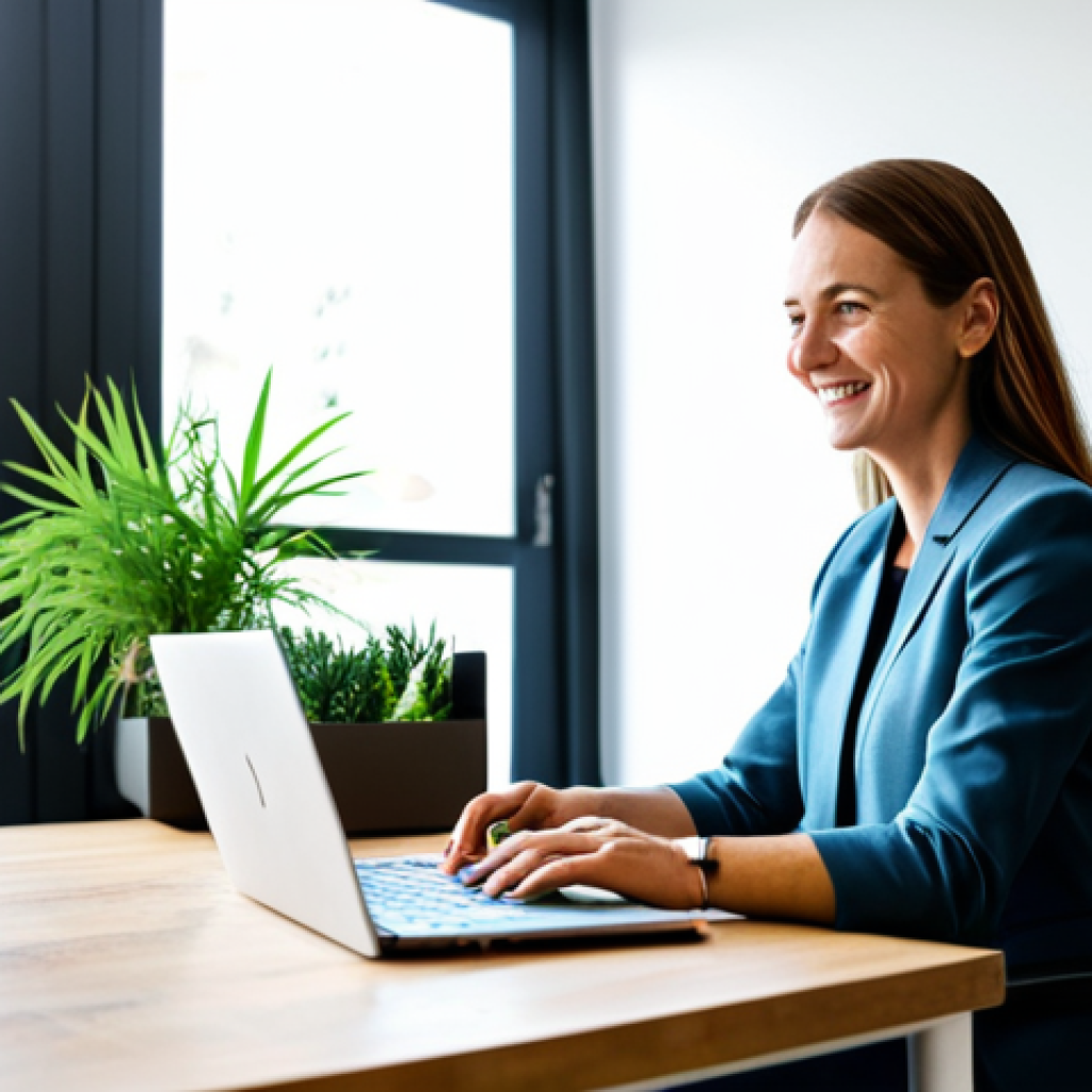 Balanced Professional Life**

"A fully clothed professional woman in a bright, modern office, surrounded by plants and natural light, working on a laptop. She's smiling gently. A vision board with inspirational travel photos and family pictures is subtly visible in the background. Safe for work, appropriate content, professional environment, perfect anatomy, natural proportions, family-friendly, modest attire."

**