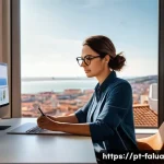 Home 21 시간 가치 정렬의 변화하는 패러다임 - A modern Portuguese urban professional woman working remotely at a cozy home office with a large win...