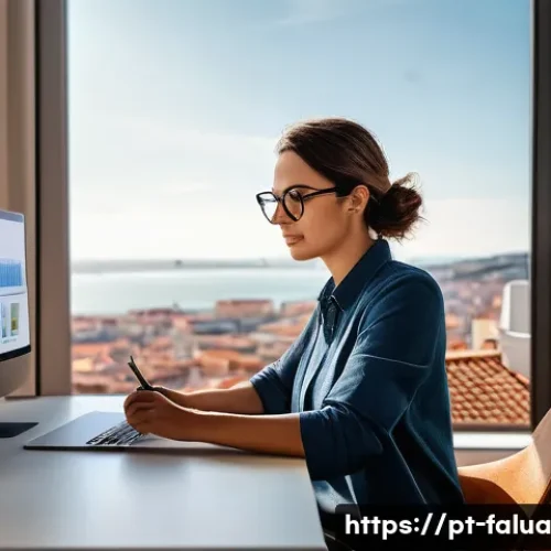 Home 33 시간 가치 정렬의 변화하는 패러다임 - A modern Portuguese urban professional woman working remotely at a cozy home office with a large win...