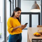 Home 18 시간 가치와 소비자 행동의 연관성 - A busy Brazilian urban professional woman using a smartphone app to order fast delivery at home, mod...