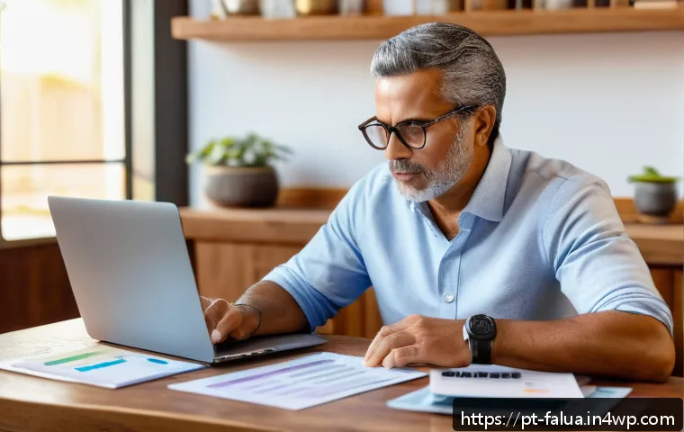 미래 가치와 현재 가치의 관계 - A Brazilian middle-aged man thoughtfully reviewing financial documents at a wooden desk, surrounded ...